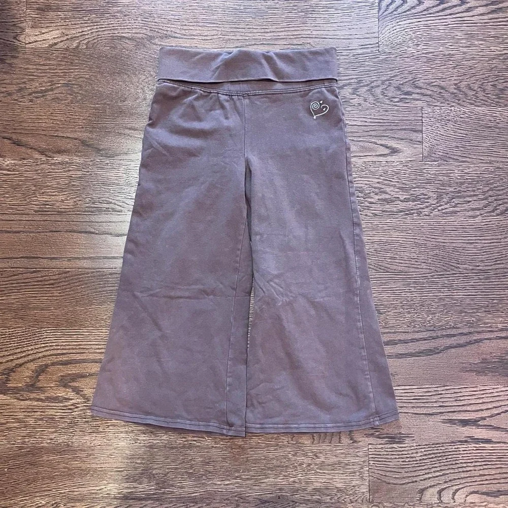 ⭐Y2K Girls Capri Wide Leg Yoga Pants Brown Fold Over Waist Glitter Heart Size S